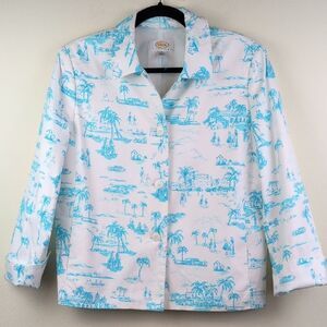 Talbots Turquoise & White Tropical Toile Print Blazer Button Front Lined Jacket